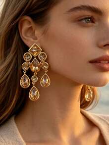 ZR Rhinestone Teardrop Pendant Earrings, Gold Exaggerated Party Jewelry - Geometric Colorful Rhinestone Earrings - View 8