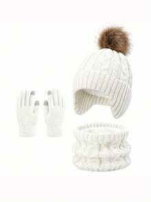 3pcs 2-8 Years Old Boys Girls Warm Outfit Set, Single Ball Double Ball Cute Winter Children Solid Color Hat Set - Multicolor - View 3