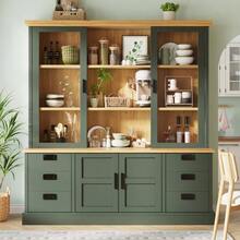 Tall Kitchen Cabinet With 6 Large Drawers, Glass Doors, Anti-Tip Device, And Metal Rails, 140x185 Cm, Storage Cabinet For Kitchen And Dining Room - 綠色 - 查看 3