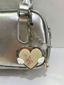 1pc Korean Vintage Heart With Small Wings Mirror Bag Charm, Ins Style Music Note Guitar Pendant, Portable Heart-Shaped Small Mirror Keychain - Multicolor - View 9