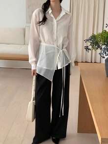 YCYC Korean Chic Design Set 2 Potong Kemeja Lengan Panjang Kerah Kancing Asimetris untuk Wanita Minimalis - Putih - View 4