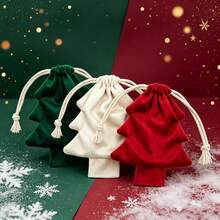 3 Packs Christmas Tree Shaped Velvet Drawstring Gift Bags, Mini Candy Pouches With Pom-Poms & Bells, Hanging Ornament Bags For Christmas Tree, Holiday Party Candy Wraps, Small Christmas Gift Storage Pouches - Multiple Styles - View 3