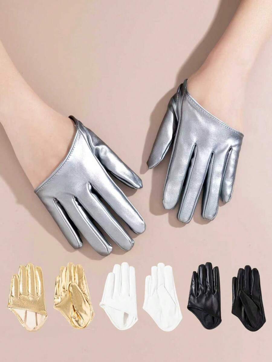 1 Pair Women's Half-Finger Leather Performance Gloves, Stage Performance Decorative Split-Finger Gloves - Black - View 1