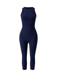 EARO Women's Jumpsuit, 3/4 Length, Slim Fit, Soft And Comfortable Fabric, Lightweight Material, Hugs Body, Suggest Size Down, Back To School Season, Summer Black Jumpsuit, Outdoor, Daily Commute, Sports, Youthful, Casual, Hidden Back Zipper - Royal Blue - View 9