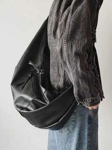 Large Capacity Soft Leather Hobo Crossbody Bag, Solid Black Irregular Shape Toggle Fastener Shoulder Bag, Multi Storage Pockets, Fits Books Tablet - Multicolor - View 6