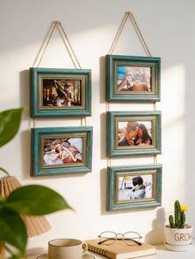1pc Rustic Distressed Teal Wooden Hanging Collage Photo Frame Set, Rope Chain Connected Multi-Hole Wall Hanging Photo Frame, Vintage Gold Frame, Suitable For Family And Couple Photos, Bedroom Living Room Gallery Wall Home Decor - Green - View 1