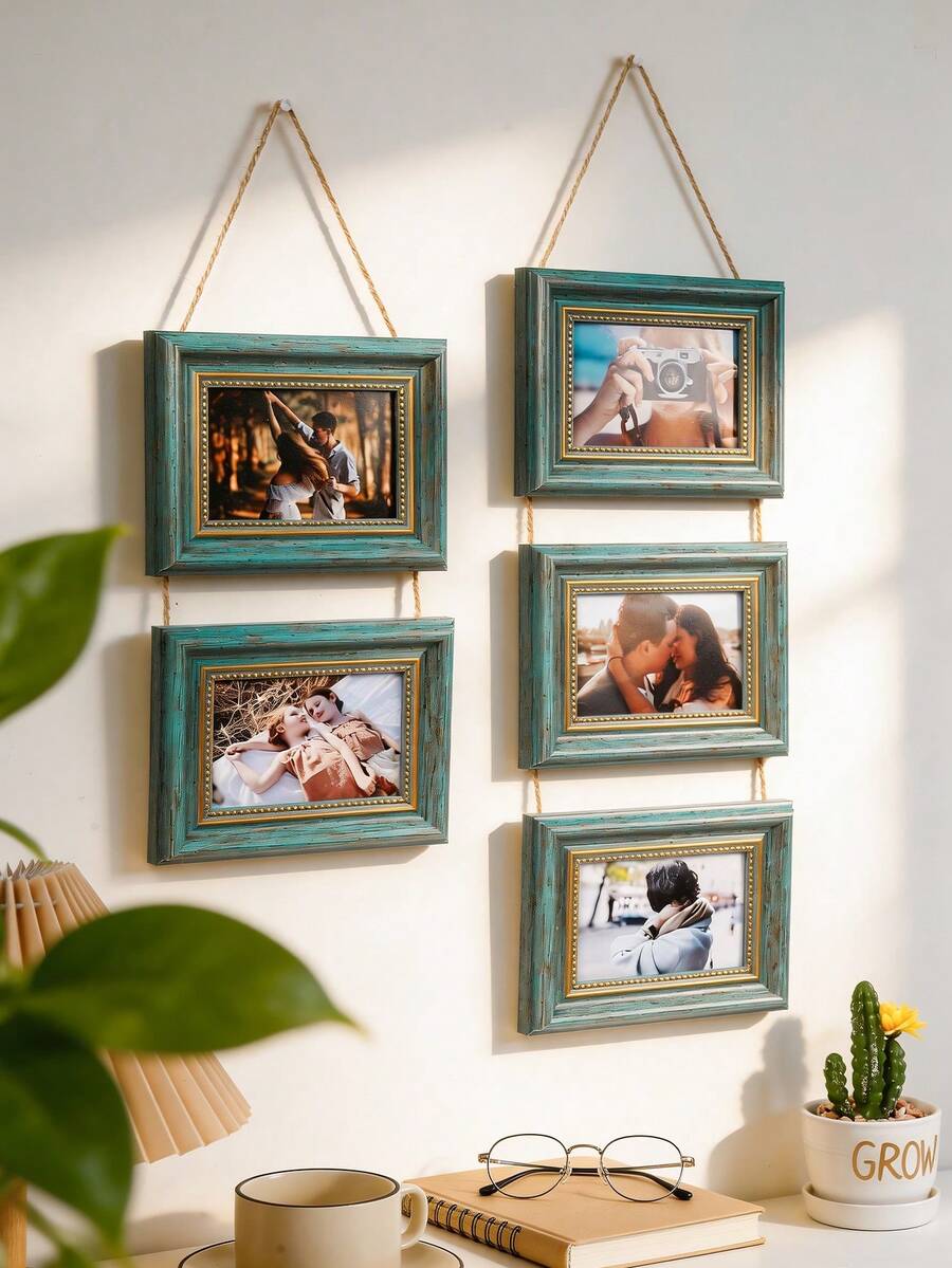 1pc Rustic Distressed Teal Wooden Hanging Collage Photo Frame Set, Rope Chain Connected Multi-Hole Wall Hanging Photo Frame, Vintage Gold Frame, Suitable For Family And Couple Photos, Bedroom Living Room Gallery Wall Home Decor - Green - View 1