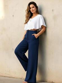 Women's Tailored Wide Leg Pants Wile Leg Elegant Fashion - 藏蓝色 - 查看 2