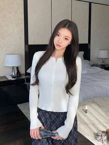 韓系簡約溫柔女款長袖開襟羊毛衫 白色 - 白色 - 查看 2