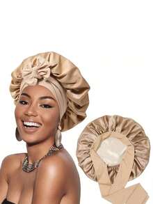 [Pink Satin Sleep Cap] Soft And Luxurious Pink Satin Sleep Cap-Featuring Adjustable Ties And Bow Decoration, Comfortable Ruffled Design Fits The Head, Protects Hair | Satin Cap | Silky Satin Texture, Suitable For Men And Women - Multicolor - View 3