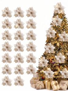 1/10/20pcs Shiny Double Layer Red Poinsettia (With Clips) 6.7 Inch Artificial Flowers, Suitable For Christmas Tree, Wreath, Staircase, Fireplace, Window, Coffee Table And Holiday/Wedding Party Decoration, Great Christmas Gift - Champagne - View 11