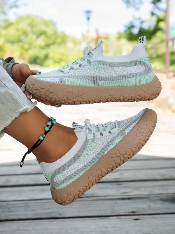 Summer New Fashion Comfortable Knitted Mesh Women's Casual Sports Shoes, Breathable Lightweight Serrated Tire Thick Sole Chunky Sneakers, Candy Color Soft Bottom Soft Surface Outdoor Fitness Commute Casual Women's Shoes