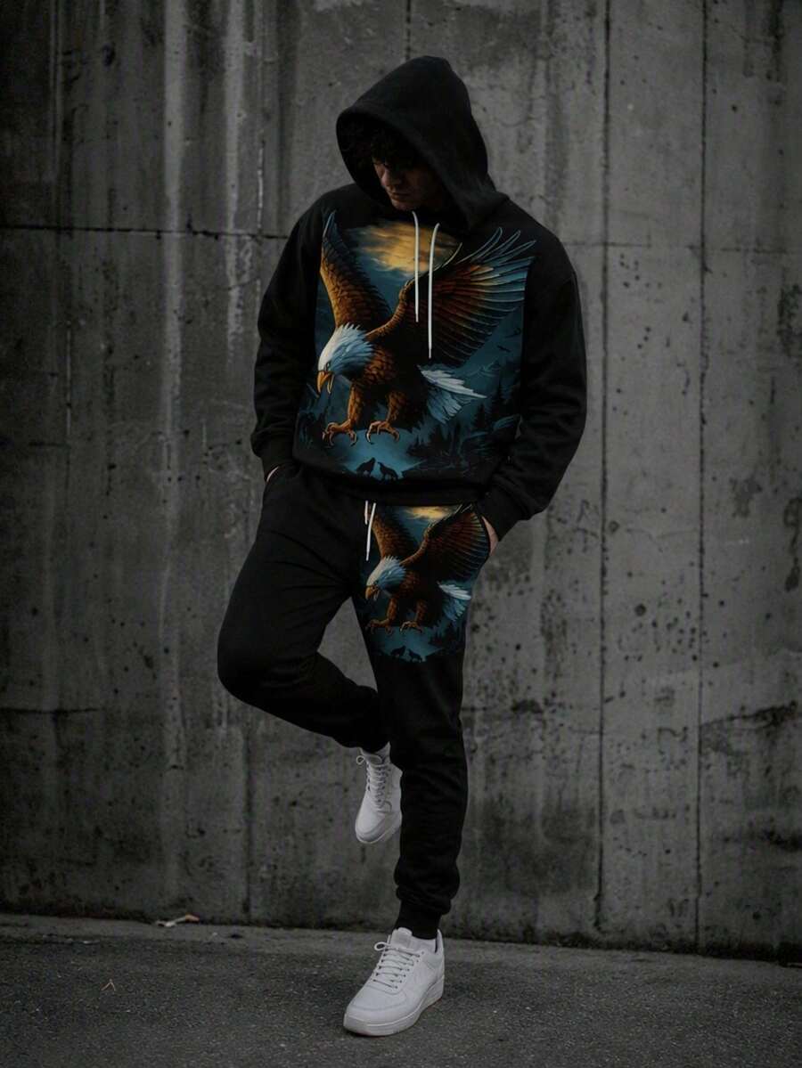Men's Autumn/Winter New Fashion Animal Print Hoodie And Pants Set - Multicolor - View 1