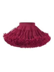 1pc Girls Cute Fancy Dreamy Sweet Princess Heavy Work Layered Ruffled Tulle Cake Skirt Tutu Skirt Birthday Gift Christmas Thanksgiving New Year Party All Season Wear - Burgundy - View 5