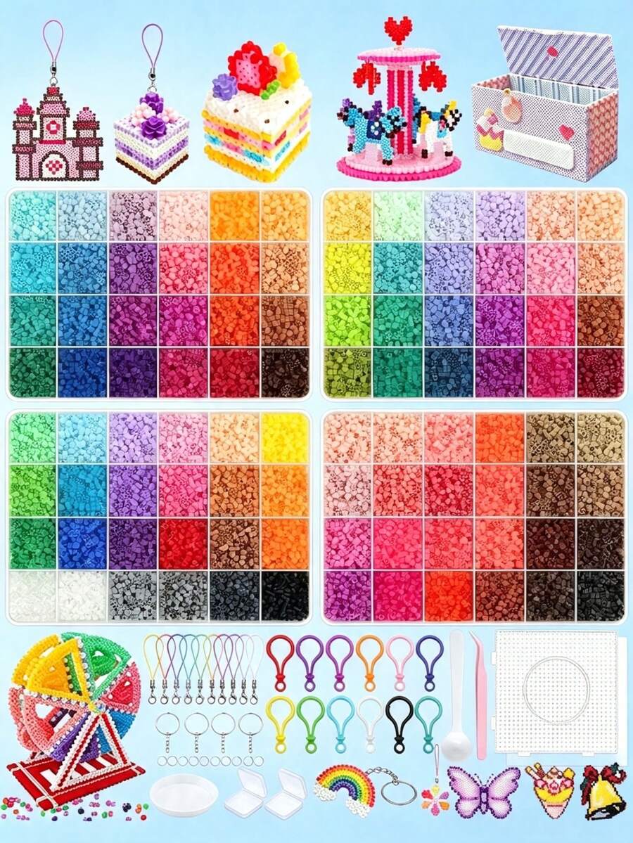 24/48/72/96 Colors Hot Melt Fuse Beads Craft Set With Square Pegboard,Multi-Layer Storage Box,Ironing Paper, Keychains,Decorative Accessories And Hanging Rope,DIY Bead Art Kit For Handmade Crafts, Holiday, Festival, Birthday And Valentine's Day Gifts