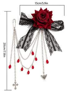 1Pc Metal Gothic Rose Bow Brooch, Black Lace Red Rose Tassel Pin, Halloween Punk Floral Badge, Party Costume Accessory - Multicolor - View 4