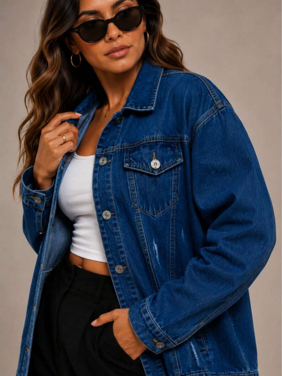 Max Women's Long Oversized Denim Jacket With Pockets For Winter - Warna gelap dengan efek pudar. - View 1