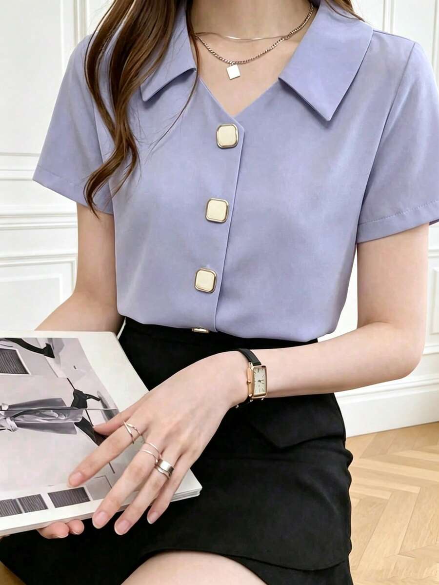 Fashionable Long Sleeve Design Satin Shirt, Solid Color Polyester, Front Button Closure Summer