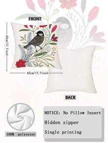 1pc Vintage Botanical Style Robin & Wildflower Pillowcase, Watercolor Bird & Mixed Floral Leaf Pattern Printed Throw Pillow Cover, Country Farmhouse Spring Style Sofa Decor (Pillow Insert Not Included) - Multicolor - View 2