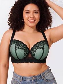 Plus Size Floral Lace Underwire Bra, Wide Strap Comfortable Style, Full Coverage Design, Exquisite Lace Details, Supportive Underwire For Lifted Bust - Mint Blue - View 4