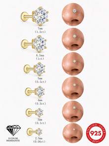 1pc 0.06-0.3ct 925 Sterling Silver Moissanite 6-Prong Flat Back Hypoallergenic Nose Stud Piercing Jewelry For Women Daily Wear - Gold - View 2