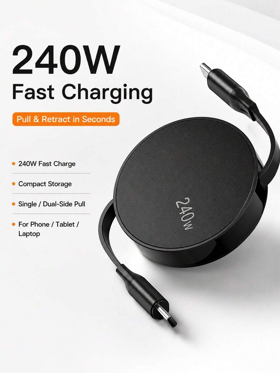 240W USB C To USB C Retractable Fast Charging Cable, Dual-Side Pull Portable Reel Cord With 480Mbps Data Transfer, Aluminum Alloy Shell, Compatible With Laptop, Tablet And Smartphone - Black - View 1