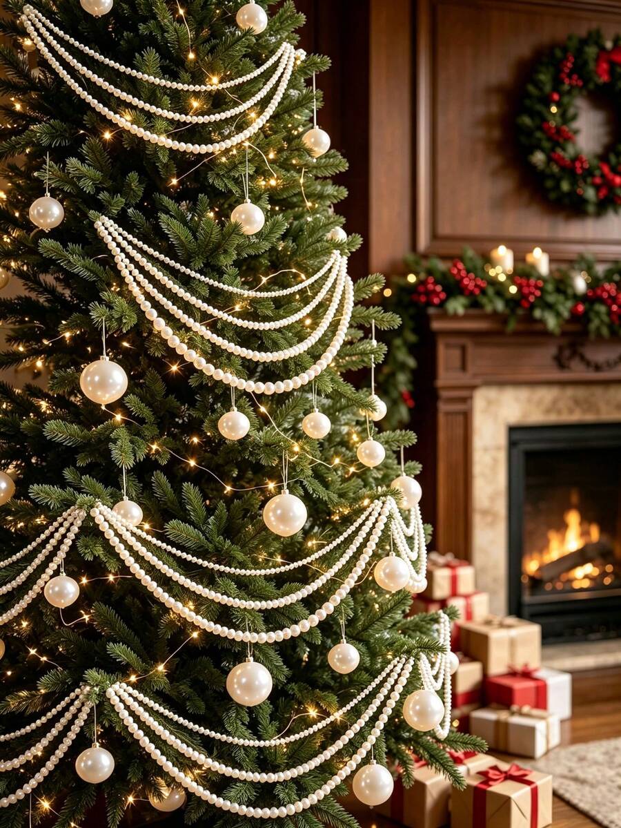 1/2pcs - 3.28ft Christmas Tree Decoration Pearl Garland, Christmas Tree Indoor Home Decor Hanging Pearl String, Party Supplies Room Decoration, Stair Railing Decoration Window Decoration - Multicolor - View 1