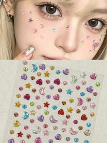 1pc Self-Adhesive Face Rhinestone Sticker, Multicolor Star Moon Heart Shaped Gem Jewelry, Reusable Diamond Face Decoration, Suitable For Festival Party,Halloween Costume - Multicolor - View 1