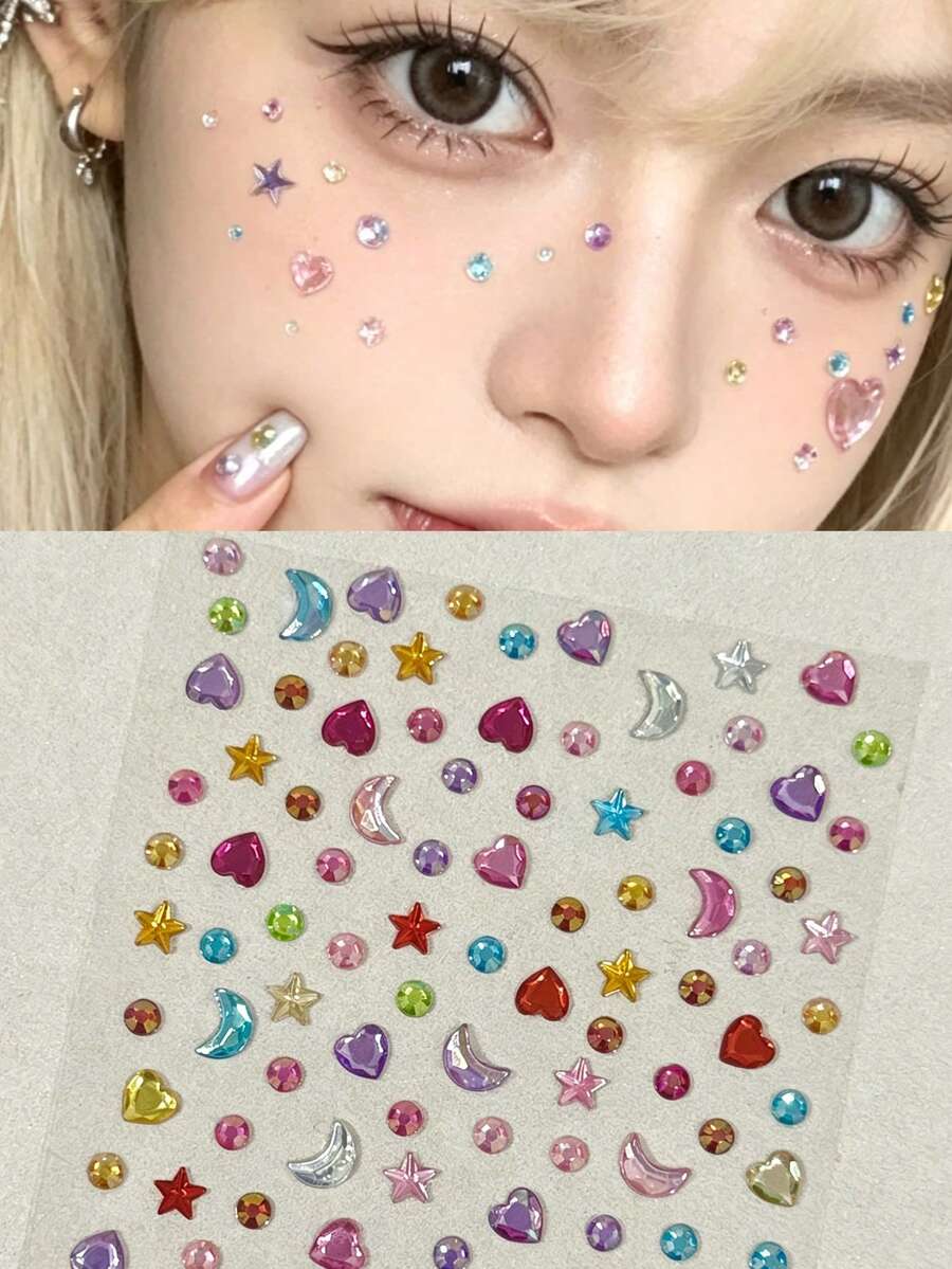 1pc Self-Adhesive Face Rhinestone Sticker, Multicolor Star Moon Heart Shaped Gem Jewelry, Reusable Diamond Face Decoration, Suitable For Festival Party,Halloween Costume - Multicolor - View 1