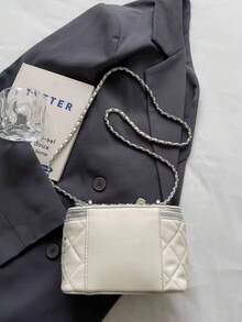 Bolso de cadena diagonal de moda, bolso cuadrado estructurado, bolso acolchado brillante con adornos de strass para mujeres - Blanco - Ver 5