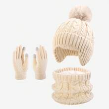 3pcs 2-8 Years Old Boys Girls Warm Set, Single Ball Double Ball Cute Winter Children Solid Color Hat Set - Multicolor - View 12