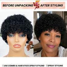 AMECIRE Curly Wig Pixie Cut Wig Hair Wigs Women's Short Hair Wig With Wigs Human Hair Put On And Go Bangs Elastic Mesh Cap Suitable For All People - Natural Black - View 4