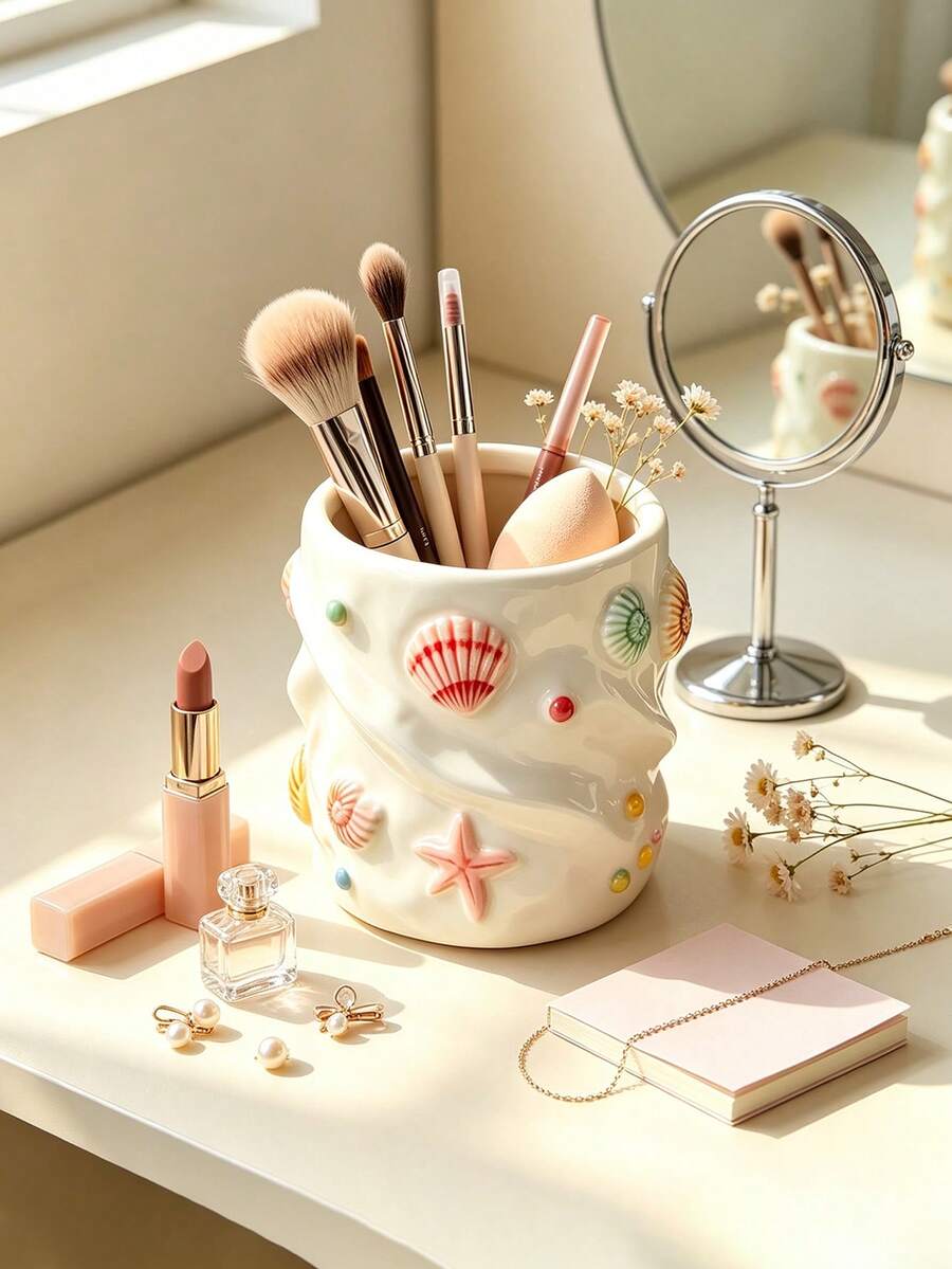 1 قطعة حامل تخزين سيراميك بتصميم 3D على شكل صدفة وقوقعة، منظم فرش مكياج بسعة كبيرة بموضوع المحيط الشافي، حامل أقلام للمكتب، تخزين ديكوري متعدد الوظائف، سهل التنظيف