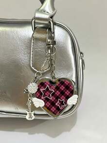 1pc Korean Vintage Heart With Small Wings Mirror Bag Charm, Ins Style Musical Note Guitar Pendant, Portable Heart-Shaped Small Mirror Keychain - Multicolor - View 10