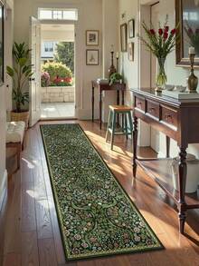 1 pieza Alfombra pasillera vintage con estampado floral verde, alfombra de cocina para interiores, antideslizante y lavable a máquina, alfombra de estilo bohemio ultra suave, adecuada para pasillo, cocina, lado de la cama, entrada - Verde - Ver 6
