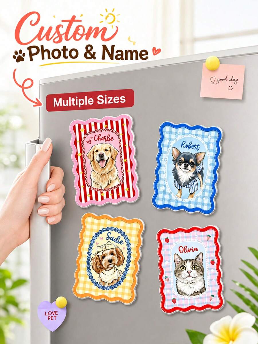 Personalized Pet 2D Flat Portrait Fridge Magnet, Customized Dog Cat Photo Magnetic Sticker, Pet Lover Gift, Pet Owner Gift, Dog Mom Magnet, Mother's Day Gift, Unique Pet Owner Gift, Home Kitchen Decor - Multicolor - View 1