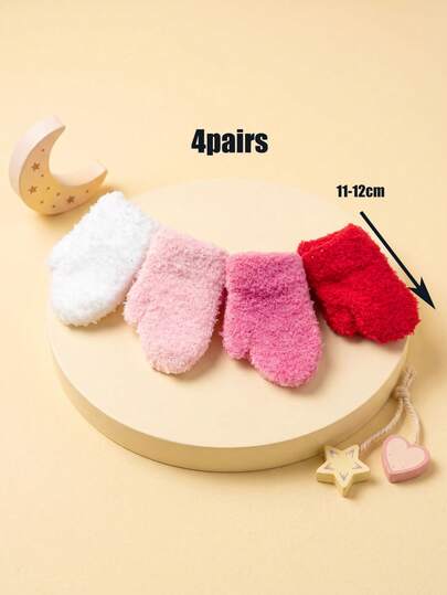 4 Pairs Set Girls Toddler Half-Fleece Gloves, Plush Mittens Gloves, Cartoon Knit Gloves, Candy Color Thickened Gloves For Autumn/Winter, Baby Gloves