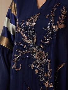 Elegant Women's Small V-Neck Striped Heavy Sequin Long Robe, Loose Slimming Embroidered Evening Gown - NC169 - View 7