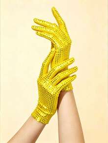1 par de guantes cortos sin dedos con lentejuelas reflectantes, guantes reflectantes sexy para escenario, fiesta y actuación - Dorado - Ver 1