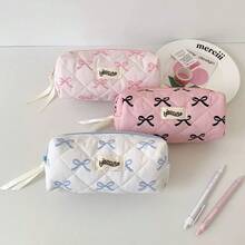 Fashionable Large Capacity Bowknot Pencil Case With Flowing Ribbon At Zipper, 3 Fresh Color Options, Suitable For Student Stationery Storage, Desktop Organization, Practical And Versatile - A - View 1