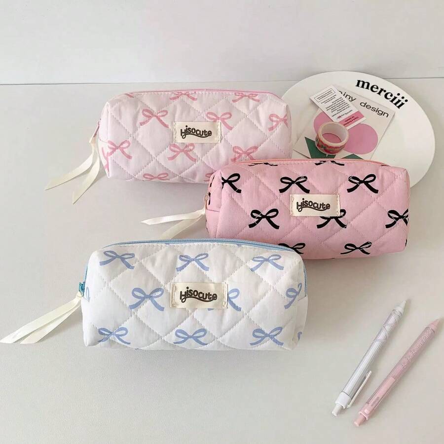 Fashionable Large Capacity Bowknot Pencil Case With Flowing Ribbon At Zipper, 3 Fresh Color Options, Suitable For Student Stationery Storage, Desktop Organization, Practical And Versatile - A - View 1