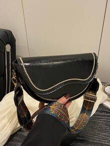 純色 2026 小眾時尚優雅極簡紋理寬肩帶斜挎單肩馬鞍包 女款 - 黑色 - 查看 8