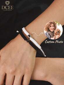 1pc Customized Black & White Braided Couple Bracelet | 4-Color Bead Customized Photo Projection Bracelet | Personalized Photo Couple Bracelet | Valentine's Day Photo Customized Memorial Gift | Gift For Girlfriend | Personalized Jewelry | Anniversary Gift | Wedding Anniversary Gift | Custom Color Photo Bracelet - 投影手鍊 - 查看 1