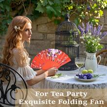 1pc Large Handheld Floral Folding Fan, Handheld Carnival Fan, Suitable For Music Festivals, Carnivals, Weddings, EDM Events, Dancing, Decoration, Performance And Gifts - Silk Fabric Pressed Flower Folding Fan - View 3