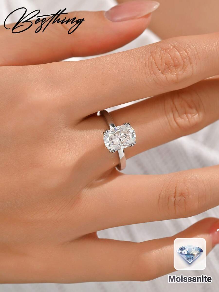 Besthing 1pc S925 Sterling Silver 3.5CT Rectangular Moissanite 4-Prong Ring, Minimalist Elegant Luxury Style For Daily Wear, Party, Wedding, Date, Valentine's Day, Proposal, Anniversary Gift - Silver - View 1