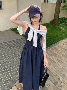 藏蓝色无袖吊带连衣裙，优雅法式风格，适合夏季女性 - 藏蓝色 - 查看 3