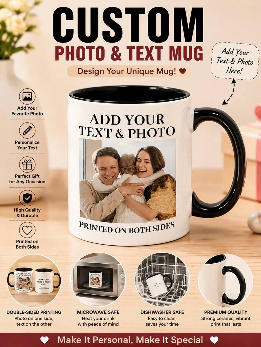 Personalized Photo Mug, Custom Text Ceramic Coffee Cup, Double-Sided Printing With Color Handle & Interior, Create Your Own Picture Mug, Unique Gift For Family, Couple, Mom, Dad, Friends, Birthday, Anniversary, Christmas, Daily Drinkware 11oz Cupware