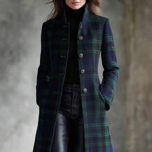 Ladies' Autumn And Winter Scottish Plaid Stand Up Collar Long Coat, Retro Single Breasted Slim Casual Jacket KORTNEY12 - Green - View 7