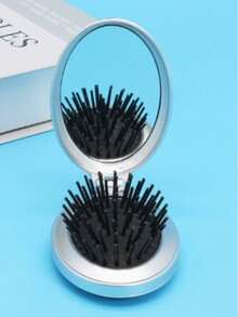 1pc Shiny Electroplated Silver Oval Folding Pocket Comb With Built-In Mirror, Compact Portable Travel Comb For Bags, Unisex - Multicolor - View 5