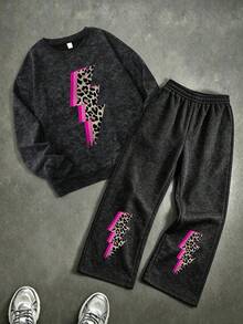 2pcs/Set Girls Round Neck Sweatshirt With Leopard Print & Lightning Print, Paired With Simple Casual Wide Leg Pants, Fashionable Autumn/Winter New Outfit - Black - View 2